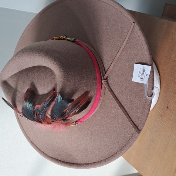 Upscaled Dark Tan American Eagle Wide Brim Feathered Hat With Bead Hatband - Picture 4 of 7